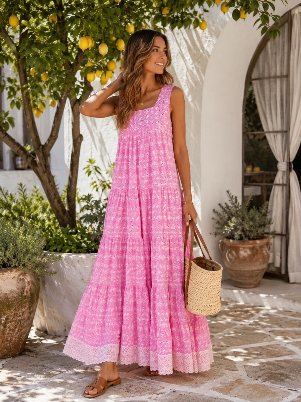 BARDÔH Sleeveless Pink Tiered + lined Maxi Dress SMALL